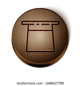 Brown line Magician hat icon isolated on white background. Magic trick. Mystery entertainment concept. Wooden circle button. Vector Illustration