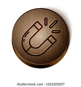 Brown line Magnet icon isolated on white background. Horseshoe magnet, magnetism, magnetize, attraction. Wooden circle button. Vector Illustration