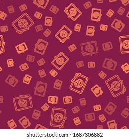 Brown line Mail and e-mail icon isolated seamless pattern on red background. Envelope symbol e-mail. Email message sign.  Vector Illustration