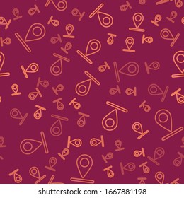 Brown line Map pin icon isolated seamless pattern on red background. Navigation, pointer, location, map, gps, direction, place, compass, search concept.  Vector Illustration