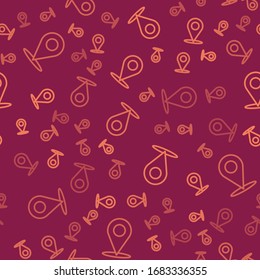 Brown line Map pin icon isolated seamless pattern on red background. Navigation, pointer, location, map, gps, direction, place, compass, search concept.  Vector Illustration