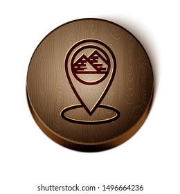 Brown line Map pointer with Egypt pyramids icon isolated on white background. Wooden circle button. Vector Illustration