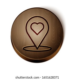 Brown line Map pointer with heart icon isolated on white background. Valentines day. Love location. Romantic map pin. Wooden circle button. Vector Illustration