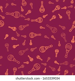 Brown line Maracas icon isolated seamless pattern on red background. Music maracas instrument mexico.  Vector Illustration