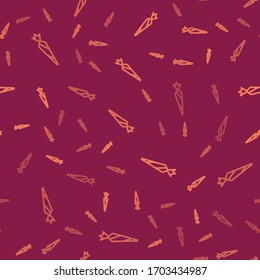 Brown line Marijuana joint, spliff icon isolated seamless pattern on red background. Cigarette with drug, marijuana cigarette rolled.  Vector Illustration