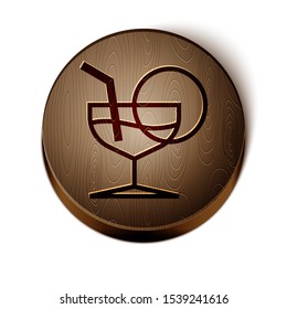 Brown line Martini glass icon isolated on white background. Cocktail icon. Wine glass icon. Wooden circle button. Vector Illustration