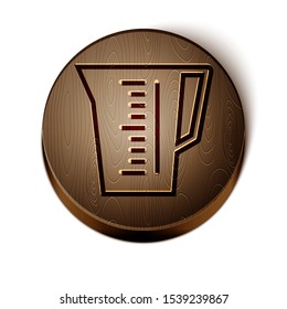 Brown line Measuring cup to measure dry and liquid food icon isolated on white background. Plastic graduated beaker with handle. Wooden circle button. Vector Illustration