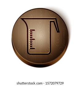 Brown line Measuring cup to measure dry and liquid food icon isolated on white background. Plastic graduated beaker with handle. Wooden circle button. Vector Illustration