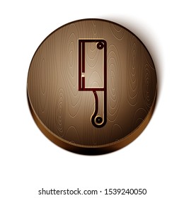 Brown line Meat chopper icon isolated on white background. Kitchen knife for meat. Butcher knife. Wooden circle button. Vector Illustration