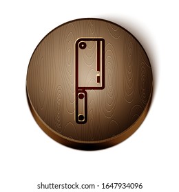 Brown line Meat chopper icon isolated on white background. Kitchen knife for meat. Butcher knife. Wooden circle button. Vector Illustration