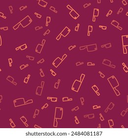 Línea marrón Icono de picador de carne aislado patrón sin fisuras sobre fondo rojo. Cuchillo de cocina para carne. Cuchillo carnicero.  Vector