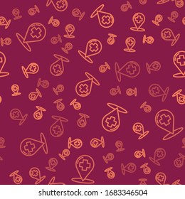 Brown line Medical map pointer with cross hospital icon isolated seamless pattern on red background.  Vector Illustration