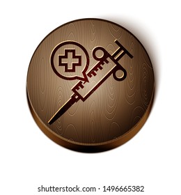 Brown line Medical syringe with needle icon isolated on white background. Vaccination, injection, vaccine, insulin concept. Wooden circle button. Vector Illustration