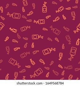 Brown line Medicine bottle and pills icon isolated seamless pattern on red background. Bottle pill sign. Pharmacy design.  Vector Illustration