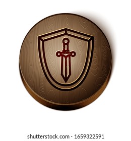 Brown line Medieval shield with sword icon isolated on white background. Wooden circle button. Vector Illustration
