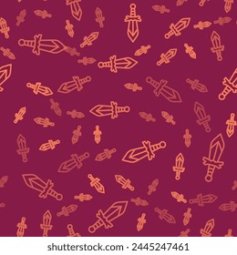 Brown line Medieval sword icon isolated seamless pattern on red background. Medieval weapon.  Vector