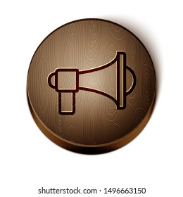 Brown line Megaphone icon isolated on white background. Loud speach alert concept. Bullhorn for Mouthpiece scream promotion. Wooden circle button. Vector Illustration
