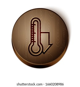 Brown line Meteorology thermometer measuring icon isolated on white background. Thermometer equipment showing hot or cold weather. Wooden circle button. Vector Illustration