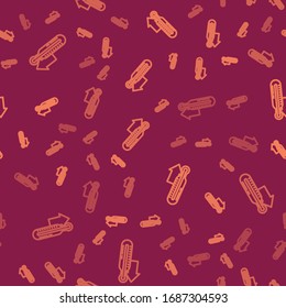 Icono de medición del termómetro de la línea marrón, aislado de un patrón transparente en el fondo rojo. Equipo termómetro que muestra el clima frío o caliente. Ilustración vectorial