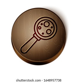Brown line Microorganisms under magnifier icon isolated on white background. Bacteria and germs, cell cancer, microbe, virus, fungi. Wooden circle button. Vector Illustration