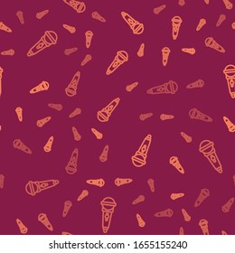 Brown line Microphone icon isolated seamless pattern on red background. On air radio mic microphone. Speaker sign.  Vector Illustration