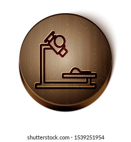 Brown line Microscope icon isolated on white background. Chemistry, pharmaceutical instrument, microbiology magnifying tool. Wooden circle button. Vector Illustration