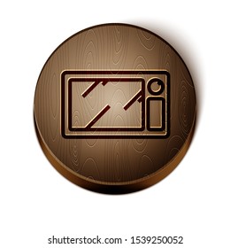 Brown line Microwave oven icon isolated on white background. Home appliances icon. Wooden circle button. Vector Illustration