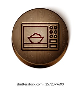 Brown line Microwave oven icon isolated on white background. Home appliances icon. Wooden circle button. Vector Illustration