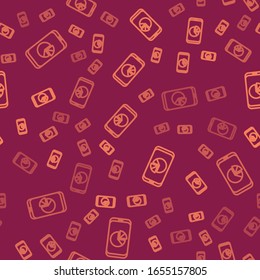 Brown line Mobile phone with graph chart icon isolated seamless pattern on red background. Report text file. Accounting sign. Audit, analysis, planning. Vector Illustration