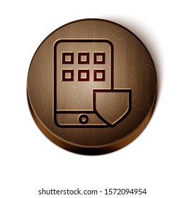 Brown line Mobile phone with shield icon isolated on white background. Smartphone insurance. Security, safety, protection, protect concept. Wooden circle button. Vector Illustration