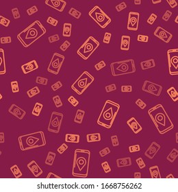 Brown line Mobile smart phone with app delivery tracking icon isolated seamless pattern on red background. Parcel tracking.  Vector Illustration
