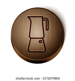 Brown line Moka pot icon isolated on white background. Coffee maker. Wooden circle button. Vector Illustration