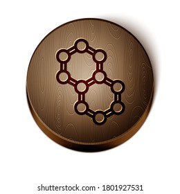 Brown line Molecule icon isolated on white background. Structure of molecules in chemistry, science teachers innovative educational poster. Wooden circle button. Vector Illustration