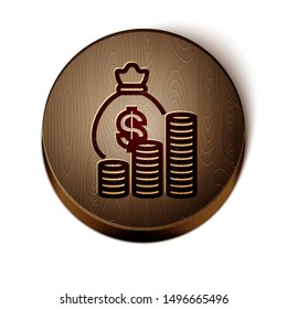 Brown line Money bag and coin icon isolated on white background. Dollar or USD symbol. Cash Banking currency sign.  Wooden circle button. Vector Illustration