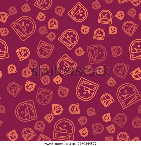 Brown line Motor gas gauge icon isolated seamless
pattern on red background. Empty fuel meter. Full tank indication. 
Vector