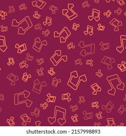 Brown line Music note, tone with hearts icon isolated seamless pattern on red background. Happy Valentines day.  Vector
