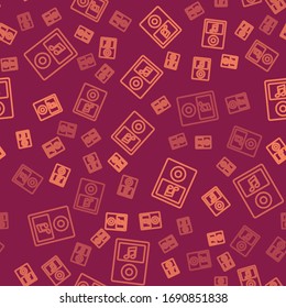 Brown line Music player icon isolated seamless pattern on red background. Portable music device.  Vector Illustration