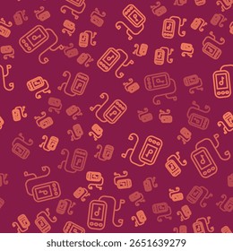 Linha marrom Ícone do reprodutor de música isolado padrão sem costura no fundo vermelho. Dispositivo de música portátil.  Ilustração de vetor