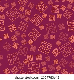 Brown line Music wave equalizer icon isolated seamless pattern on red background. Sound wave. Audio digital equalizer technology, console panel, pulse musical.  Vector