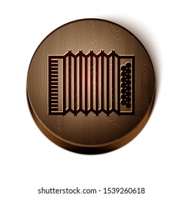 Brown line Musical instrument accordion icon isolated on white background. Classical bayan, harmonic. Wooden circle button. Vector Illustration