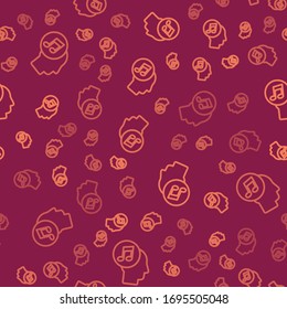 Brown line Musical note in human head icon isolated seamless pattern on red background.  Vector Illustration