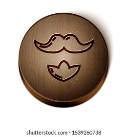 Brown line Mustache and beard icon isolated on white background. Barbershop symbol. Facial hair style. Wooden circle button. Vector Illustration
