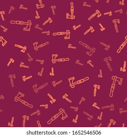 Brown line Native american tomahawk axe icon isolated seamless pattern on red background.  Vector Illustration