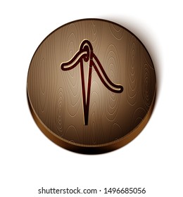 Brown line Needle for sewing with thread icon isolated on white background. Tailor symbol. Textile sew up craft sign. Embroidery tool. Wooden circle button. Vector Illustration