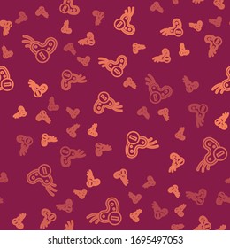 Brown line Negative virus icon isolated seamless pattern on red background. Corona virus 2019-nCoV. Bacteria and germs, cell cancer, microbe, fungi.  Vector Illustration