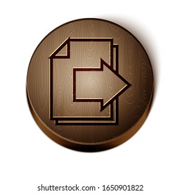 Línea marrón Icono de flecha de página siguiente aislado en fondo blanco. Archivo de documento con flecha. Enviar documento. Botón de círculo de madera.  Ilustración vectorial