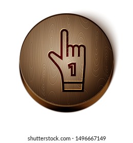 Brown line Number 1 one fan hand glove with finger raised icon isolated on white background. Symbol of team support in competitions. Wooden circle button. Vector Illustration