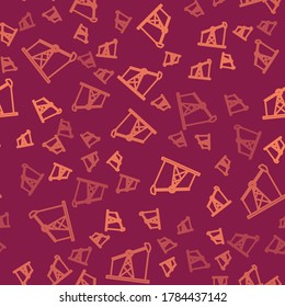 Brown line Oil pump or pump jack icon isolated seamless pattern on red background. Oil rig.  Vector Illustration