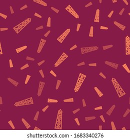 Brown line Oil rig with fire icon isolated seamless pattern on red background. Gas tower. Industrial object.  Vector Illustration