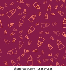 Brown line Oil rig with fire icon isolated seamless pattern on red background. Fire accident. Gas tower. Industrial object.  Vector Illustration